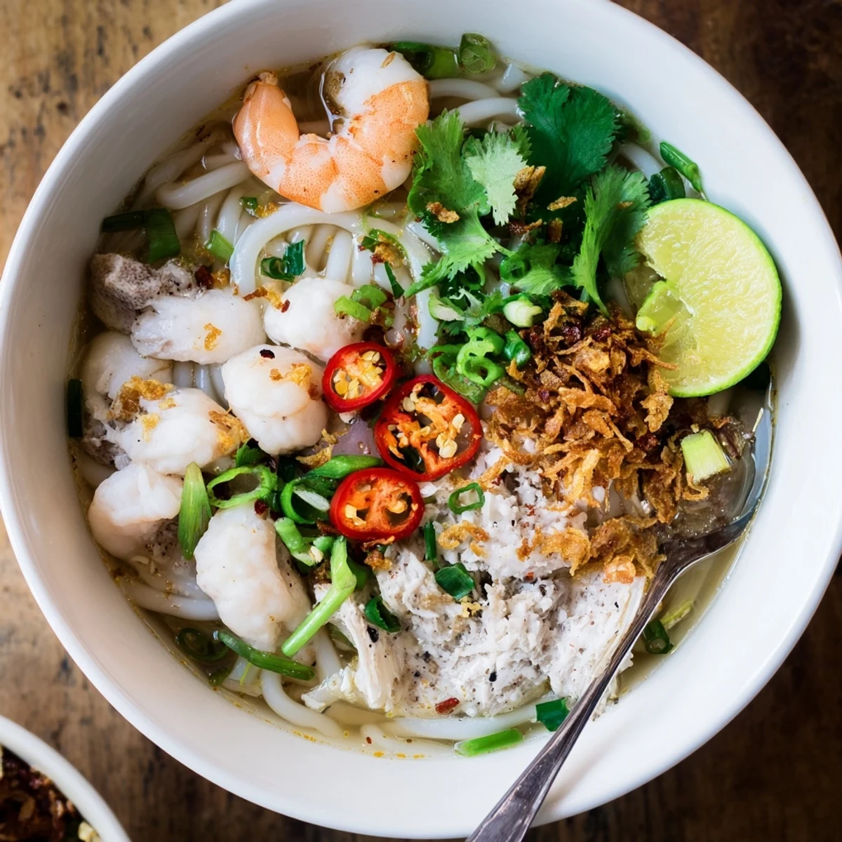 Rustic Banh Canh Cua featuring succulent crab meat and shrimp in savory aromatic broth topped with spring onions and red chili