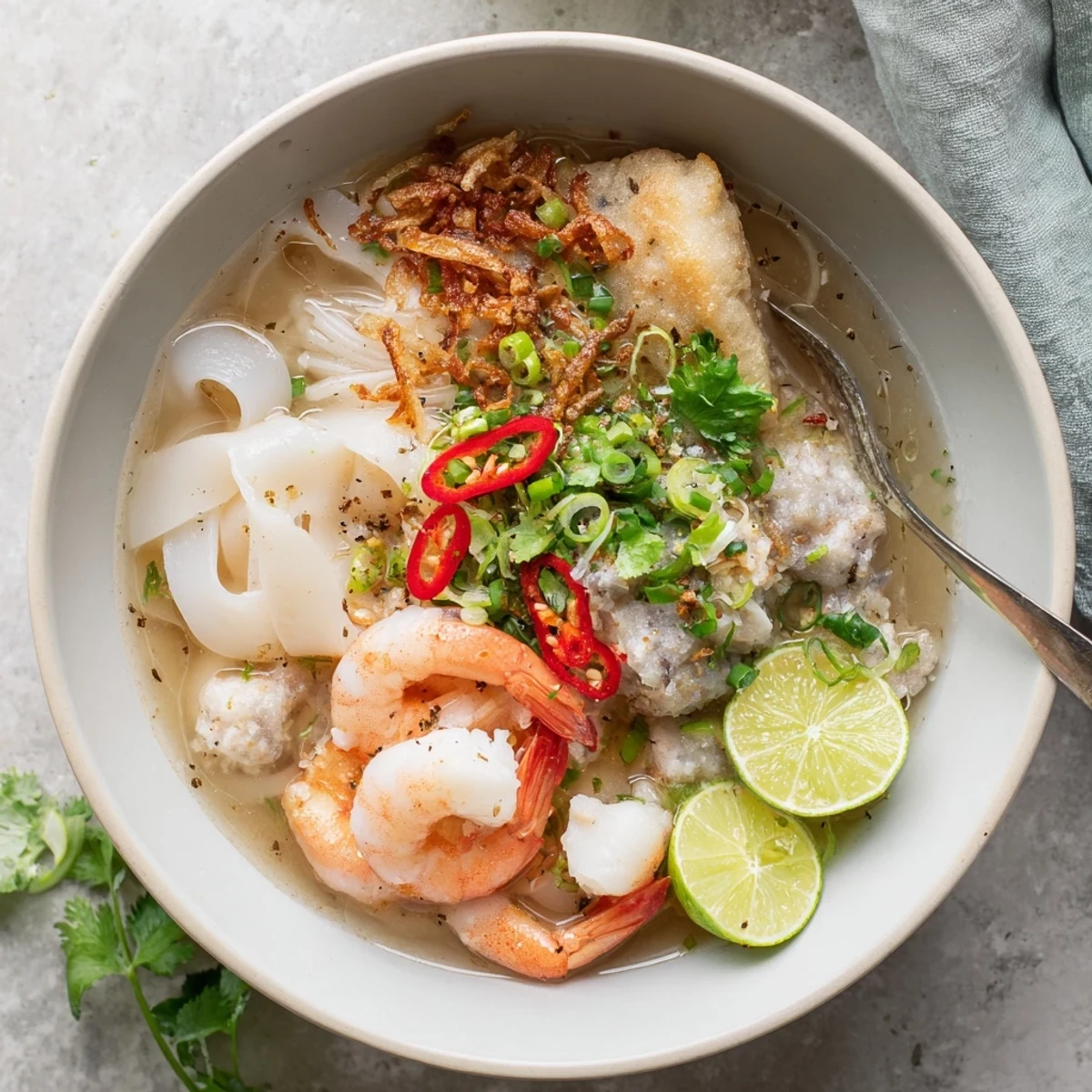 Comforting Vietnamese Banh Canh Cua crab noodle soup served with lime wedges and ground black pepper on wooden table
