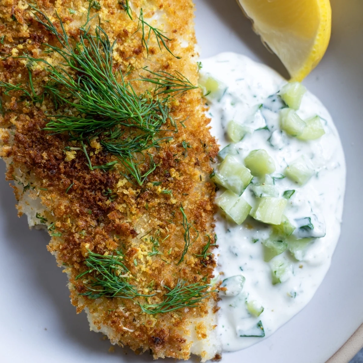 Golden crumbed fish fillets fresh from the oven with creamy cucumber yoghurt sauce