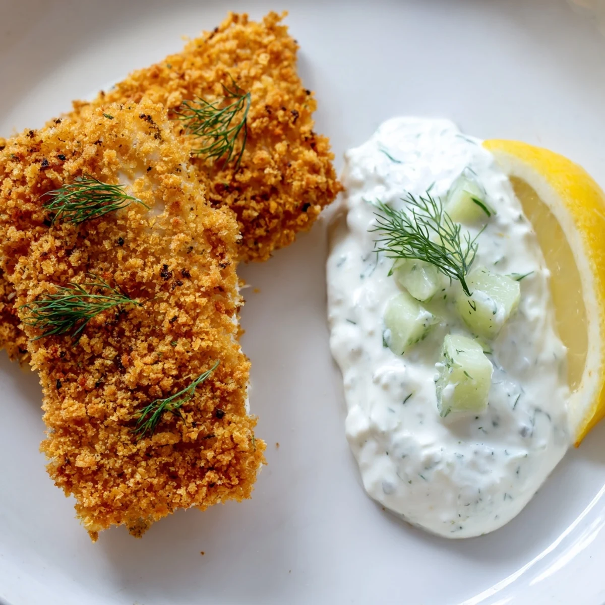 Crispy baked fish with dill and lemon served alongside cool refreshing yoghurt dip