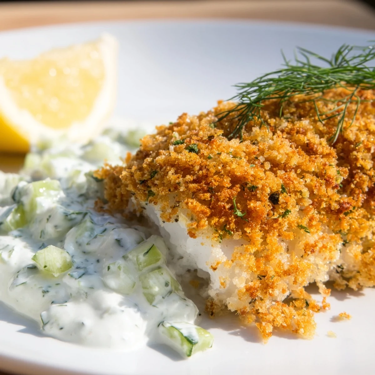 Oven baked fish in crunchy golden panko crumbs topped with zesty dill sauce