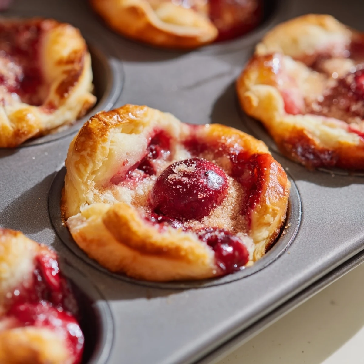 Golden cherry pie bites with cinnamon sugar topping arranged on a white serving platter