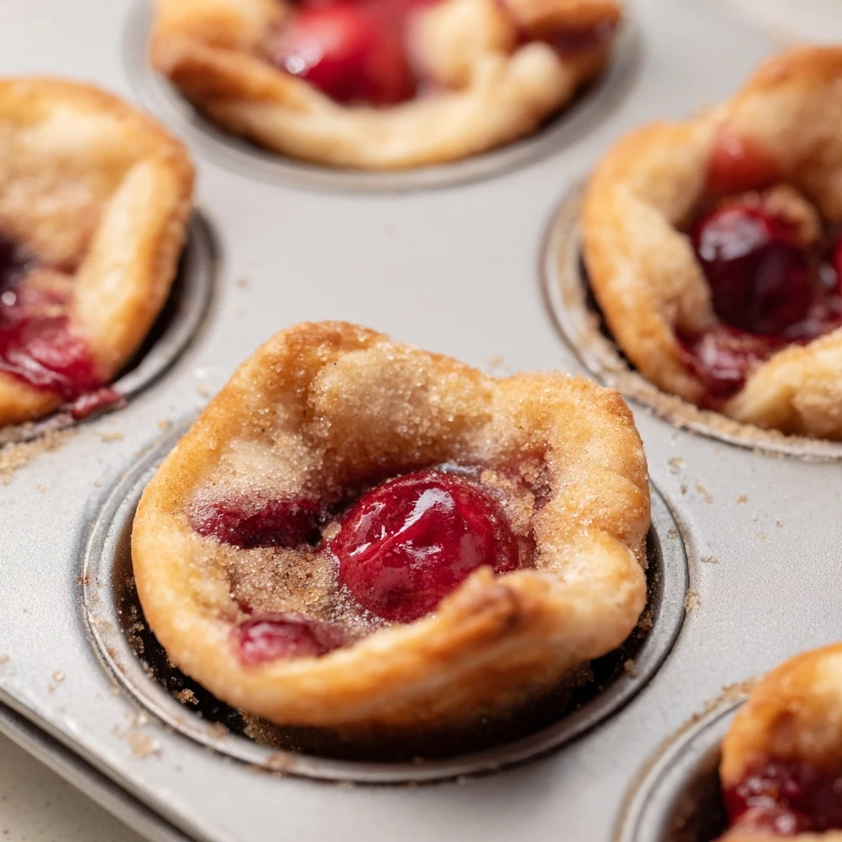 Mini cherry pie bites featuring flaky crusts and bubbling red fruit filling in muffin tin