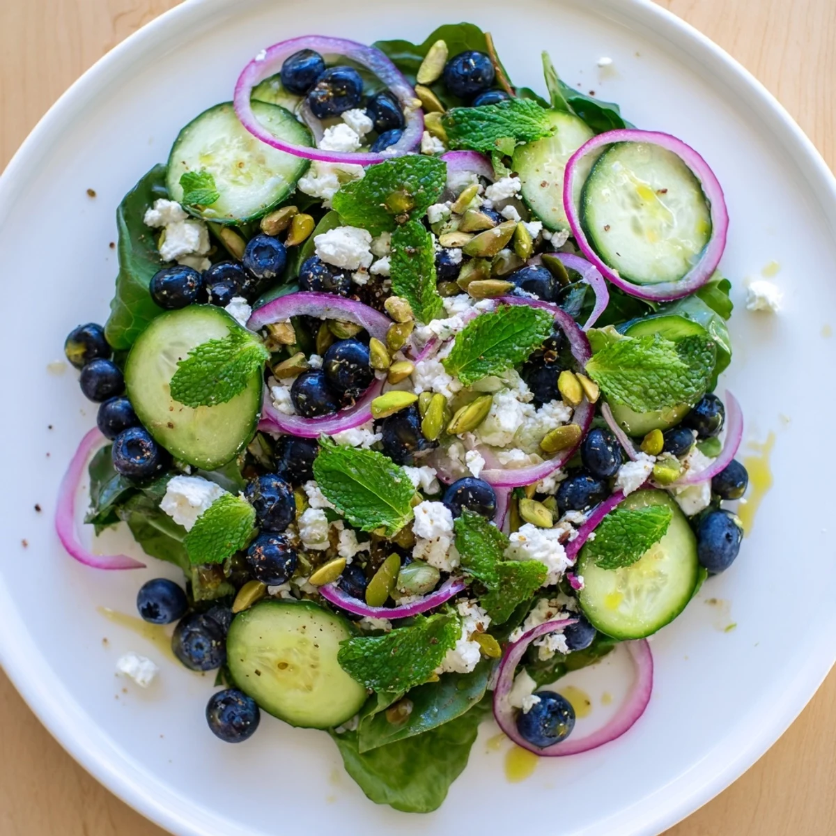 Fresh spring salad bowl topped with juicy blueberries, crunchy pistachios, and tangy feta cheese crumbles