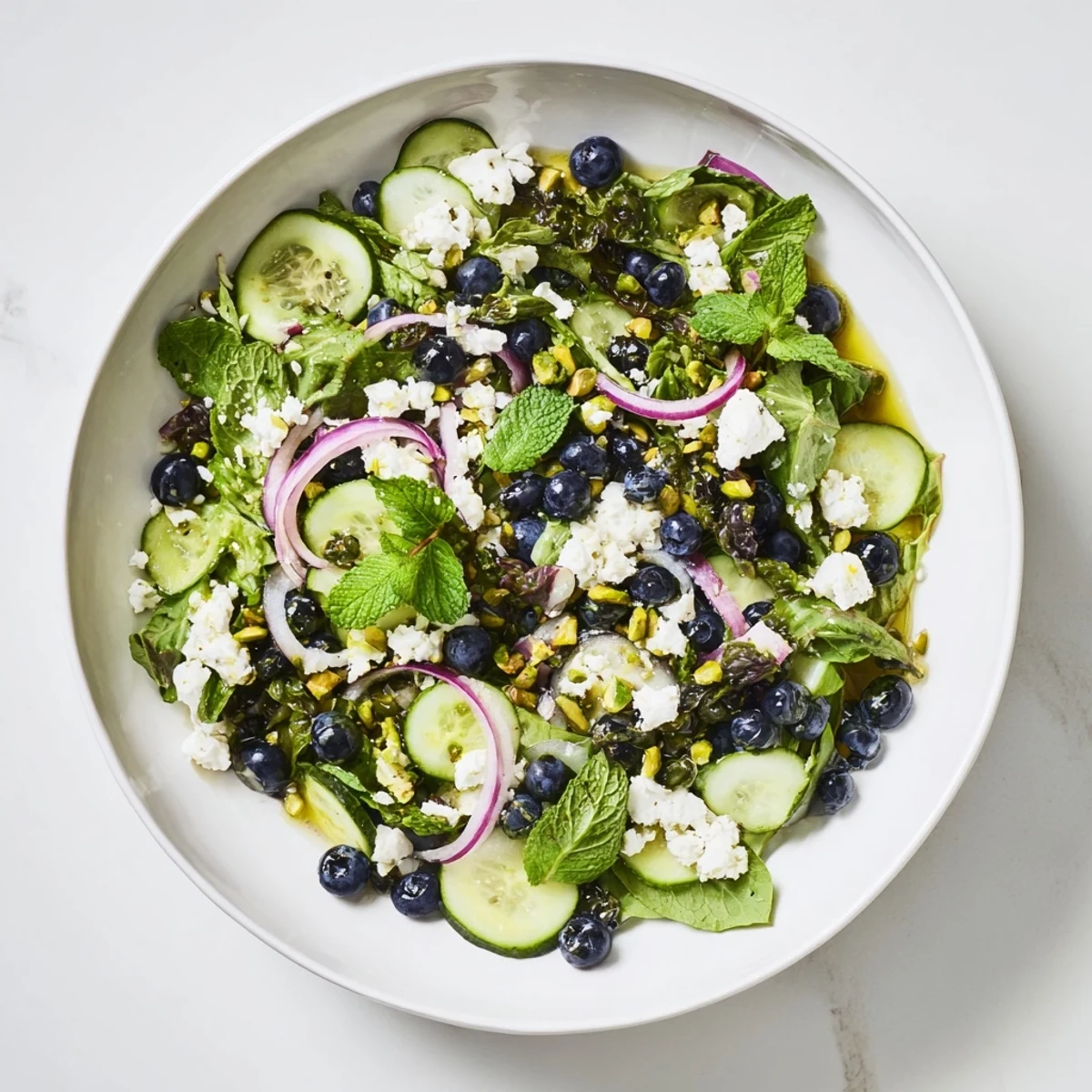 Vibrant blueberry pistachio spring salad featuring mint, cucumber, red onion, and homemade vinaigrette