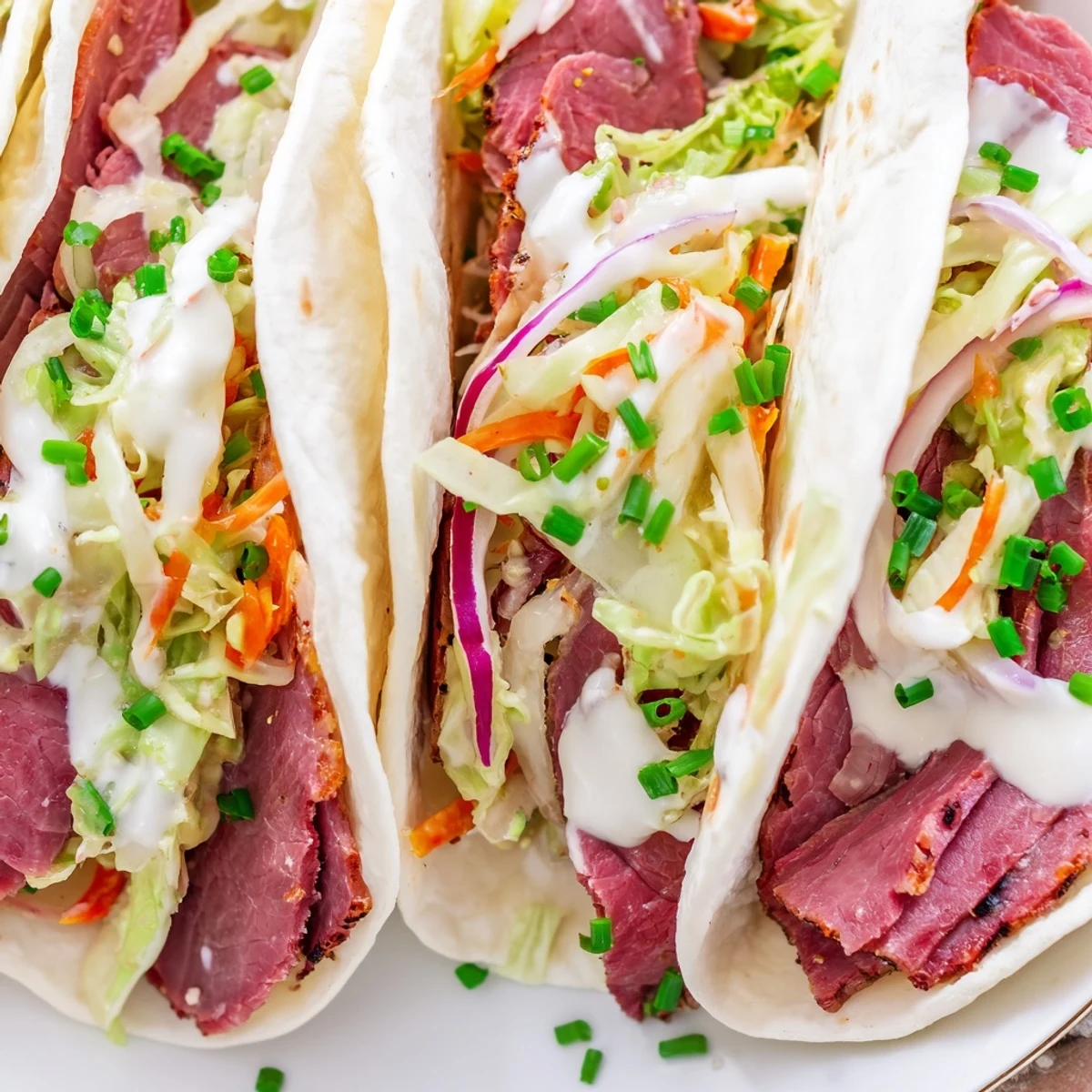 Close up of corned beef tacos topped with tangy cabbage mixture and white sauce garnished with fresh chives