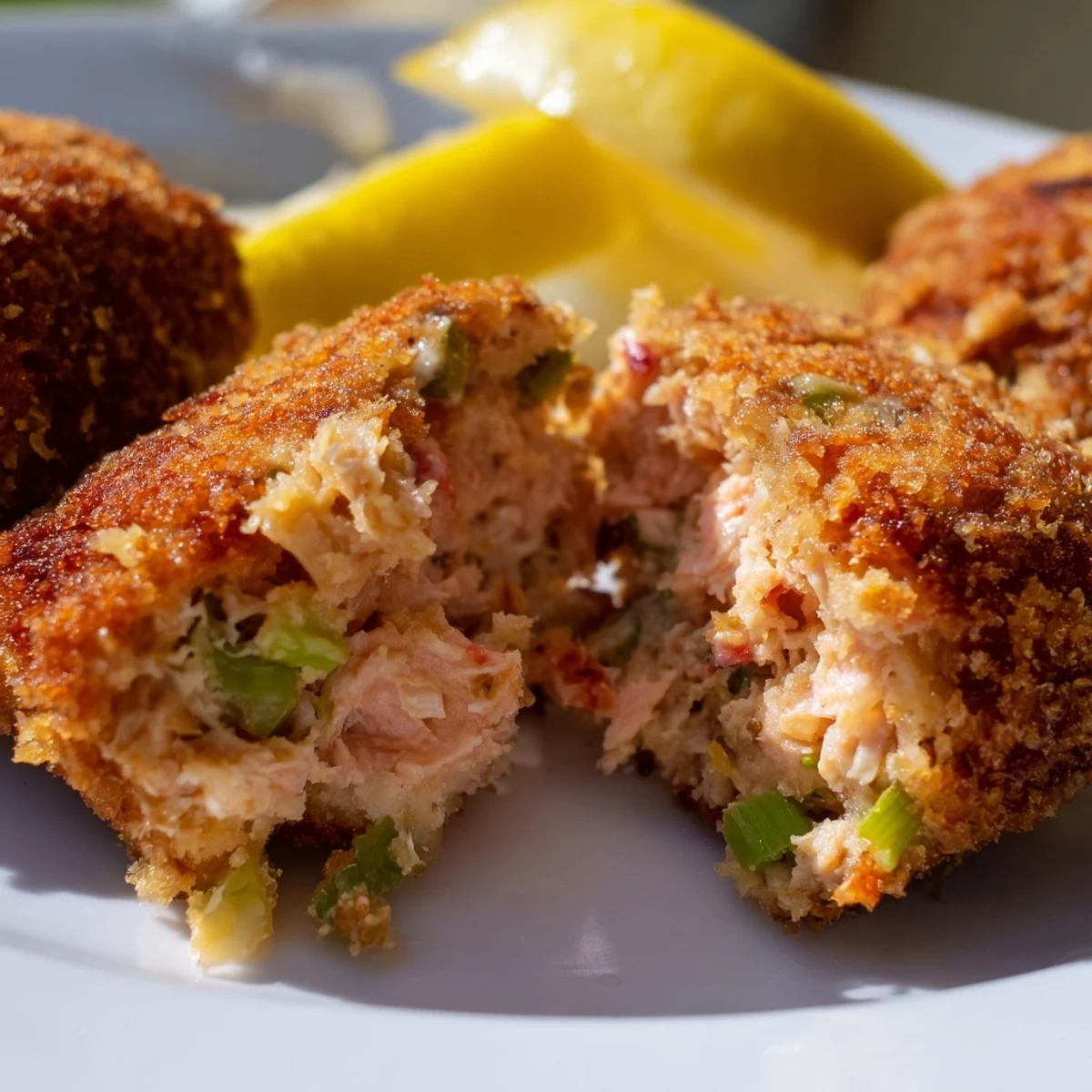 Golden brown Southern salmon croquettes fried to crispy perfection on a white serving plate