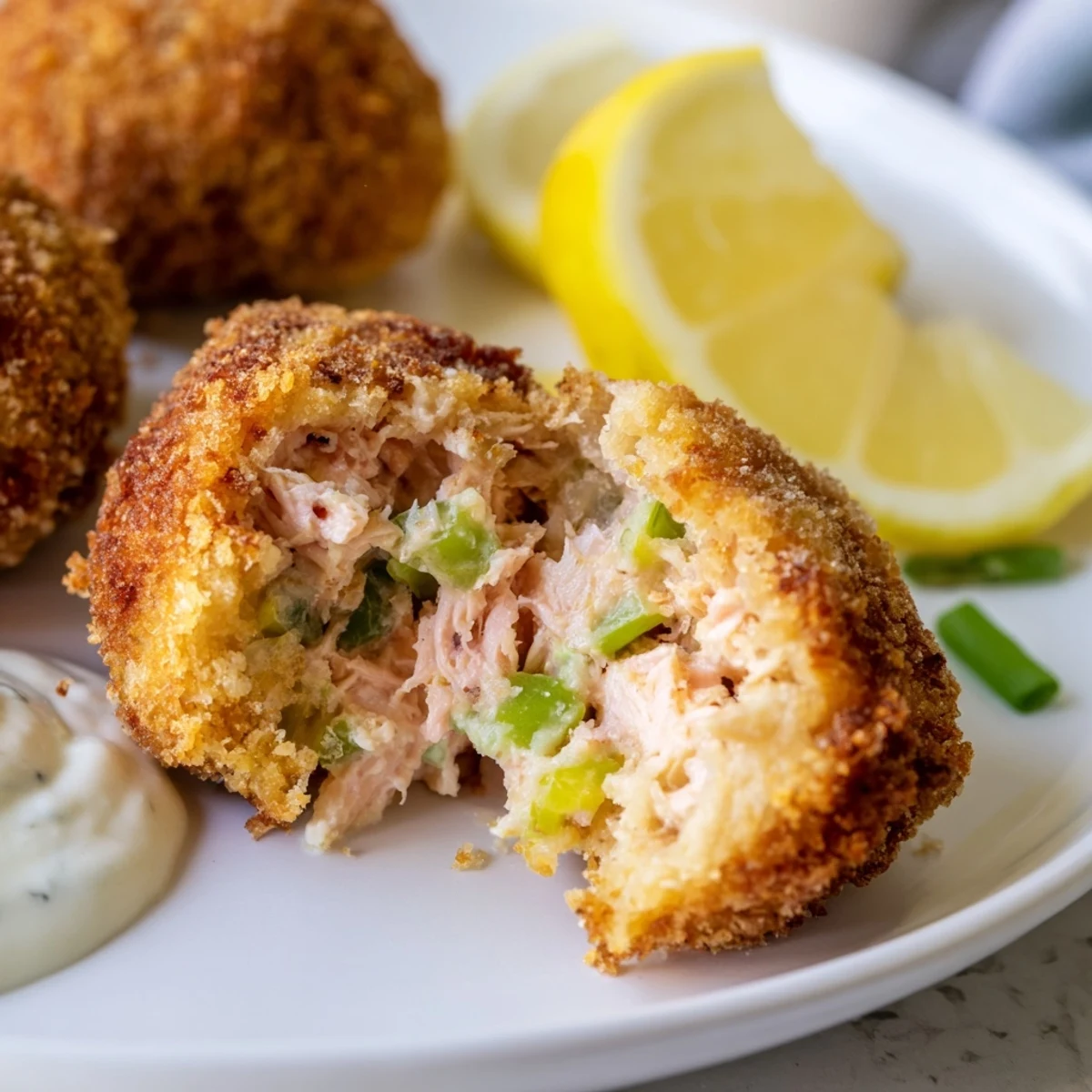 Homemade Southern salmon croquettes arranged on platter with coleslaw and creamy dipping sauce