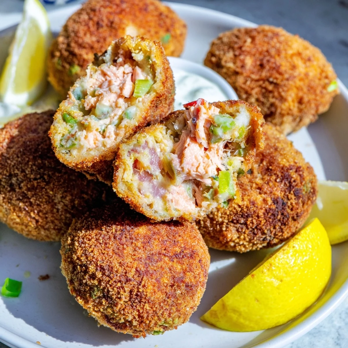 Tender Southern salmon croquettes with fresh lemon wedges and tartar sauce on wooden board