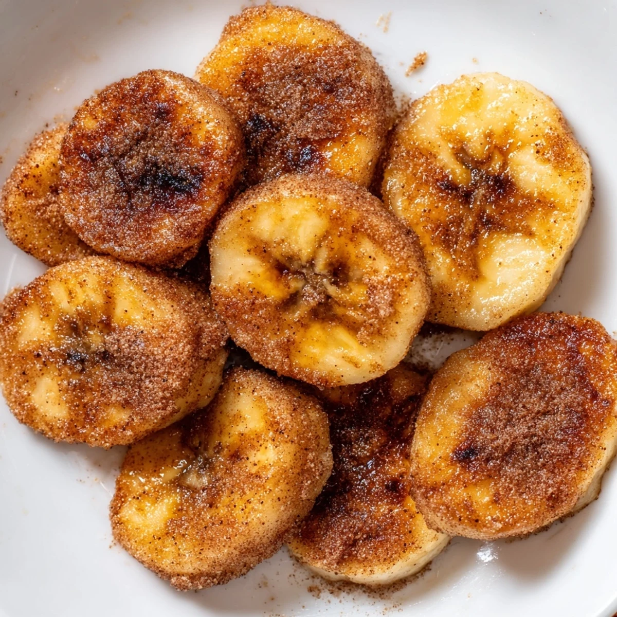 Golden pan fried cinnamon bananas sizzling in butter with caramelized edges and warm spice coating