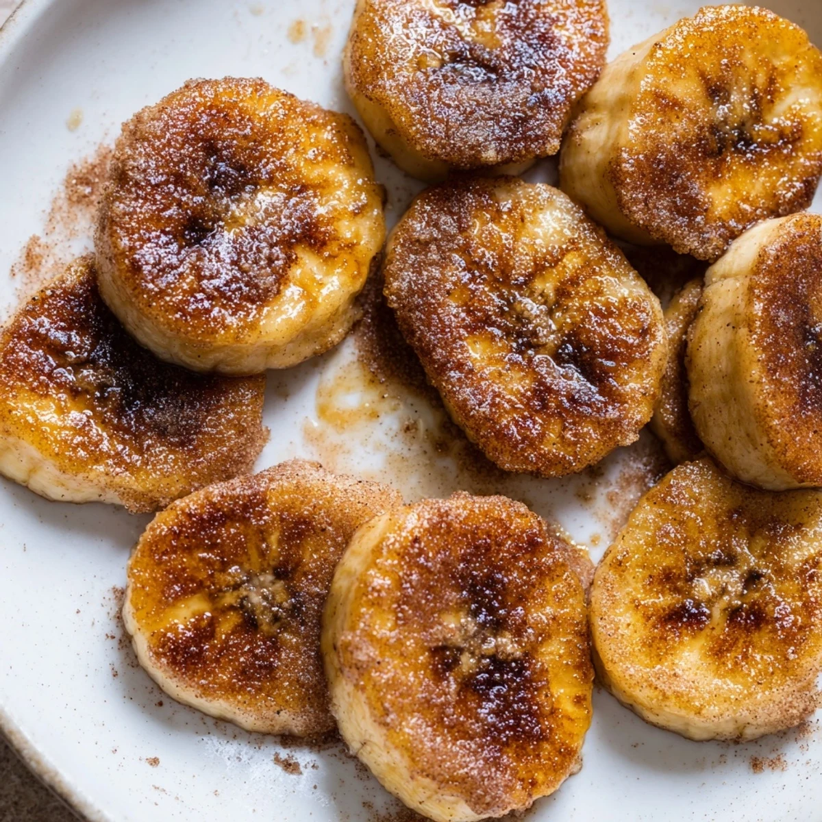 Warm pan fried cinnamon bananas arranged on a plate ready for dessert or breakfast topping
