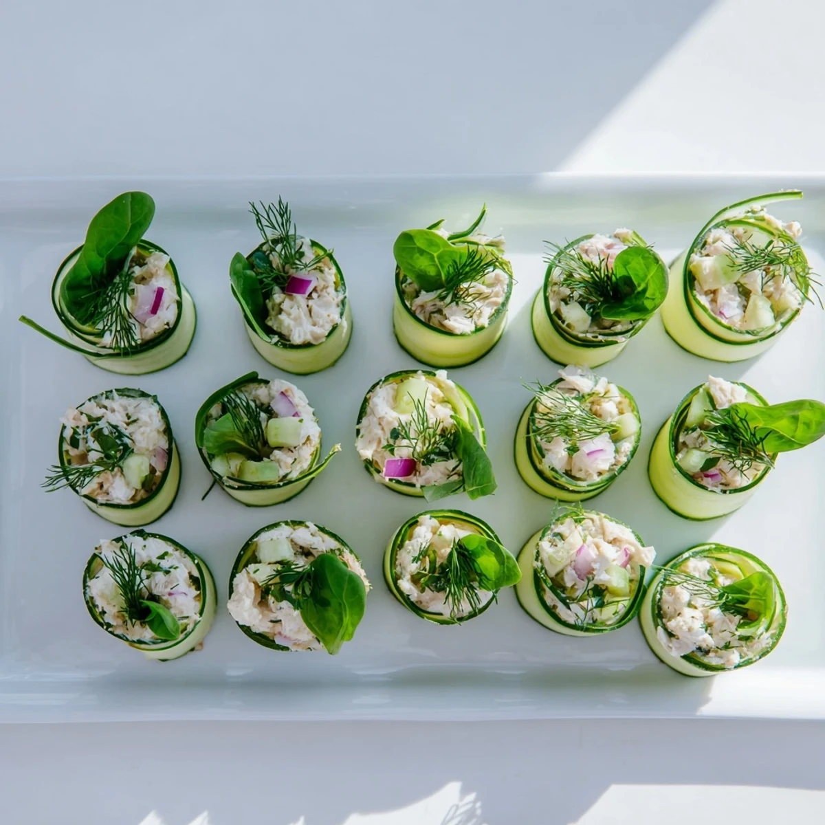 Healthy cucumber roll ups stuffed with savory chicken salad and dotted with crisp red onion pieces