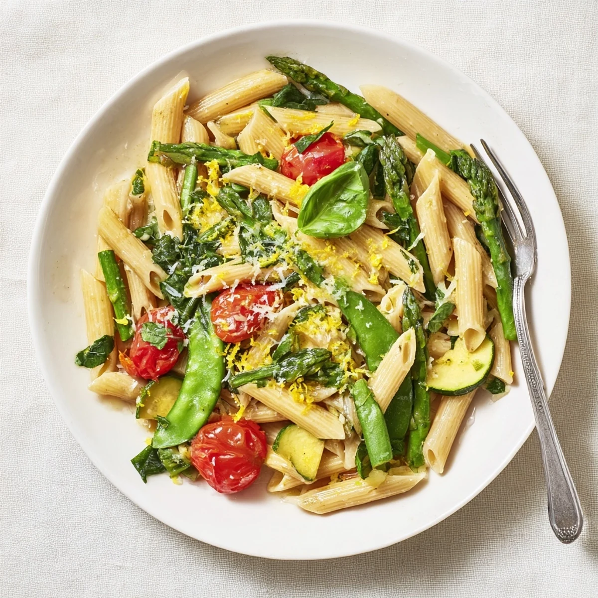 Colorful one pot spring vegetable pasta with asparagus, cherry tomatoes, and Parmesan cheese garnish