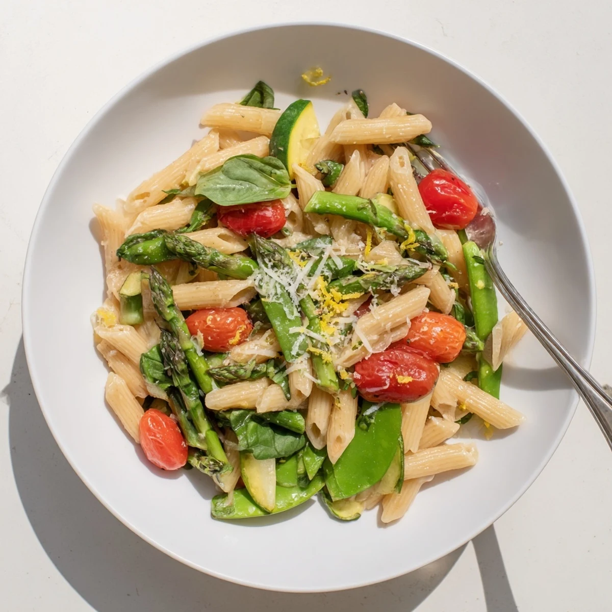 Rustic Italian pasta dish featuring fresh seasonal vegetables cooked in a single pot for easy cleanup