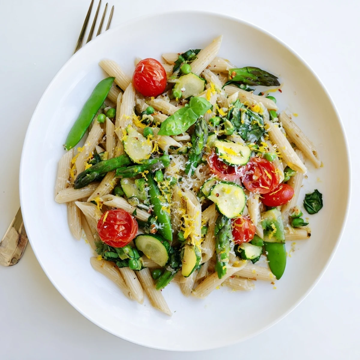 Steamy bowl of spring vegetable pasta tossed with vibrant green asparagus, snap peas, and zucchini