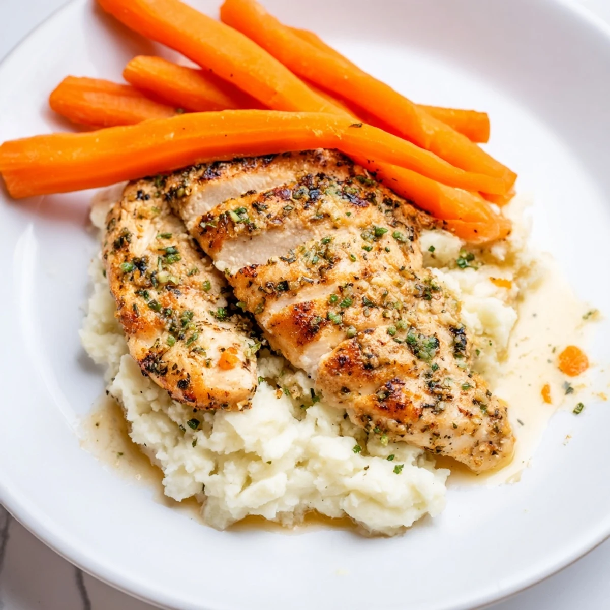 Juicy garlic roasted chicken served over creamy buttery potatoes with tender sweet glazed carrots garnished with fresh parsley