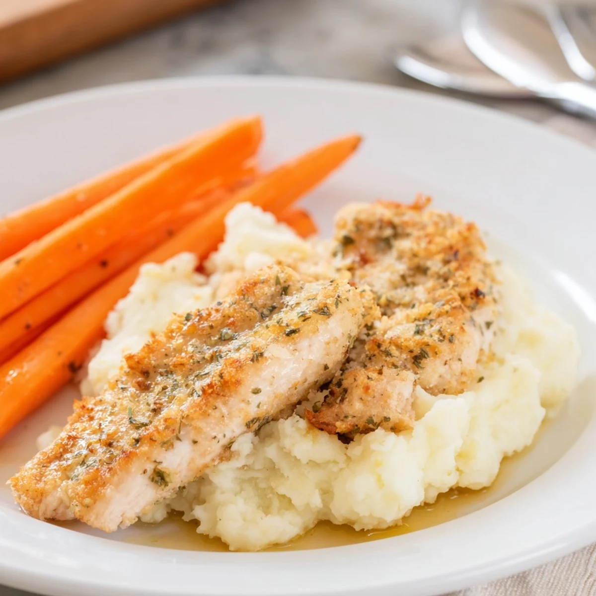 Homemade garlic herb chicken dinner featuring crispy skinless breasts smooth mashed potatoes and glossy honey-coated carrot sticks