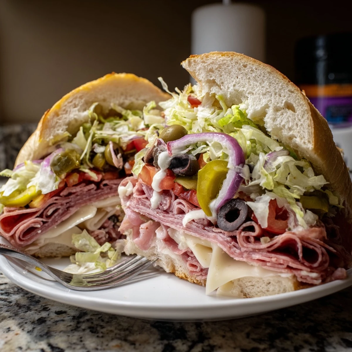 Toasted Italian hoagie roll piled high with deli meats and tangy crunchy salad