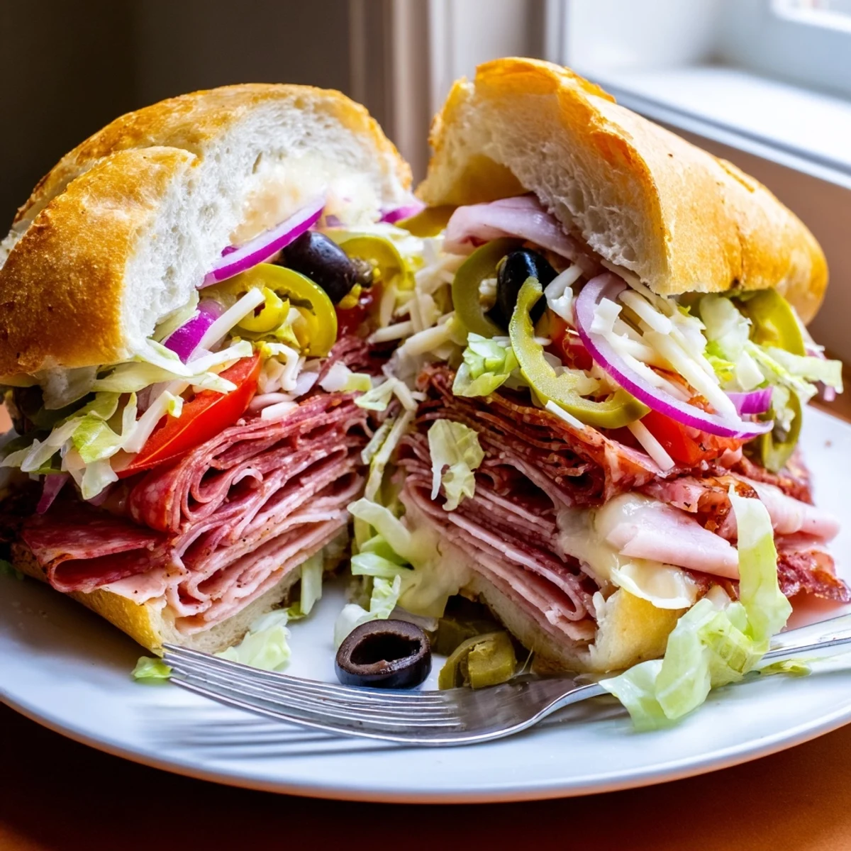 Italian Grinder Salad Sandwich featuring provolone salami ham mortadella and dressed lettuce topping