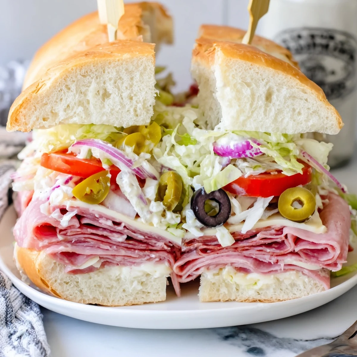 Cross-section of hearty Italian sub sandwich overflowing with colorful vegetable salad and melted cheese