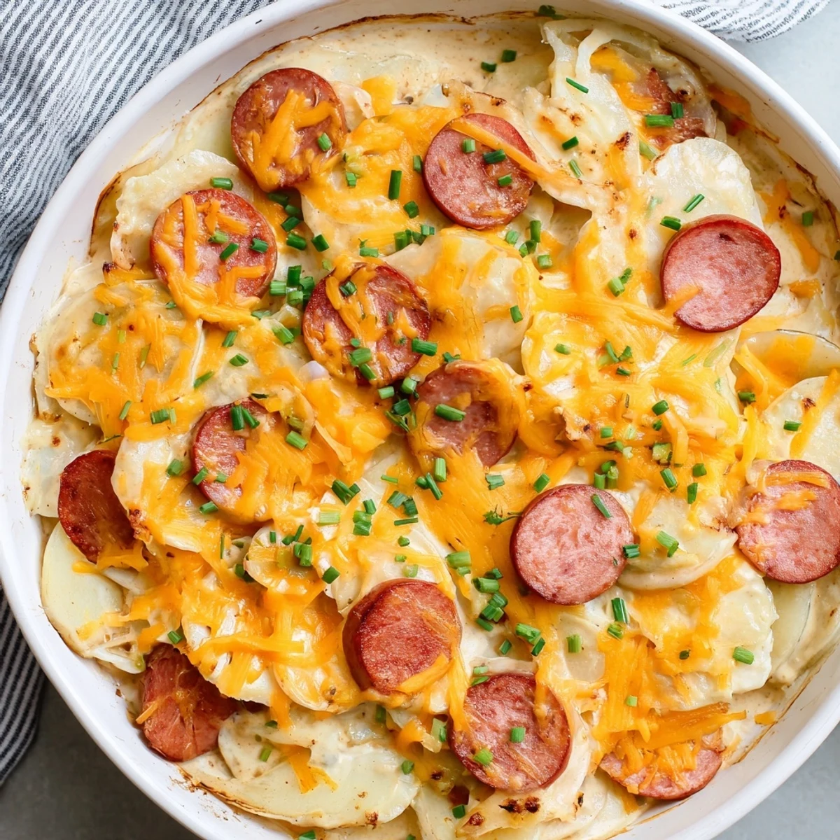 Golden brown pierogi casserole with melted cheddar and sliced kielbasa in a slow cooker