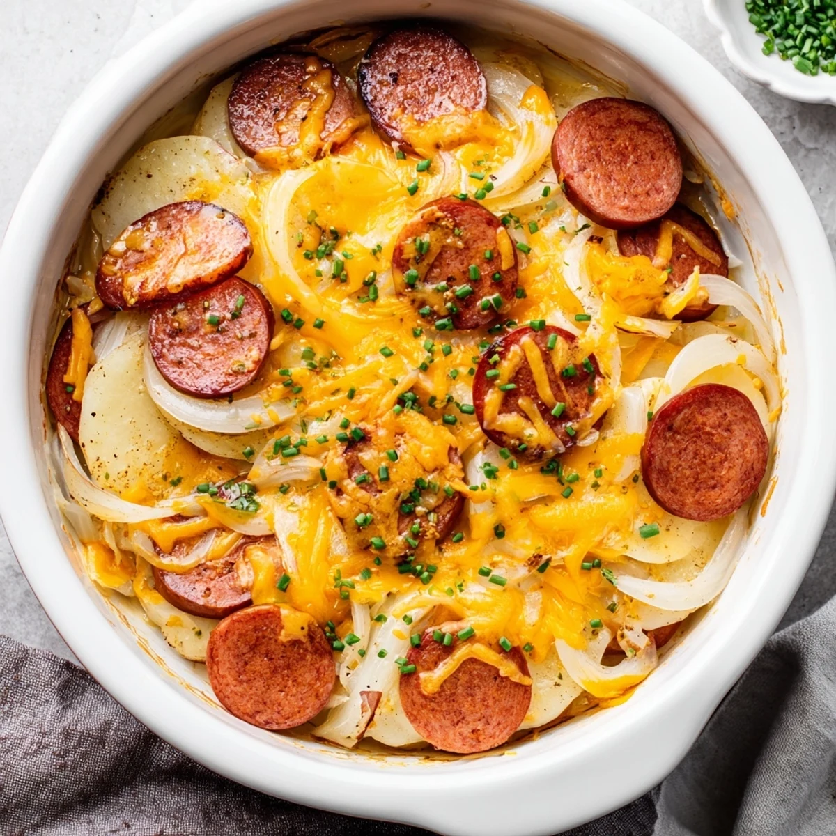 Creamy Crock Pot pierogi casserole featuring smoky kielbasa, cheese topping, and tender potato dumplings