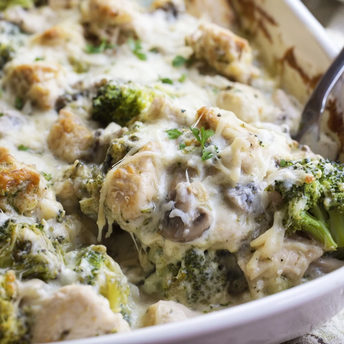 Golden brown low carb chicken casserole bubbling with melted mozzarella and fresh parsley garnish