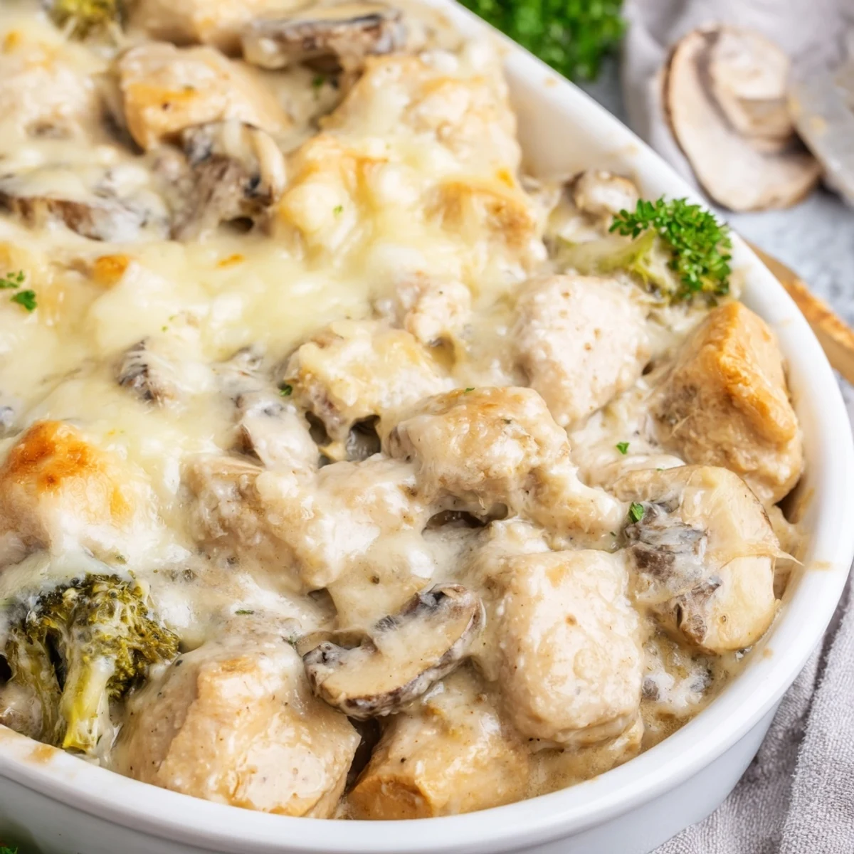 Creamy chicken and broccoli casserole baked in a white dish with tender vegetables throughout
