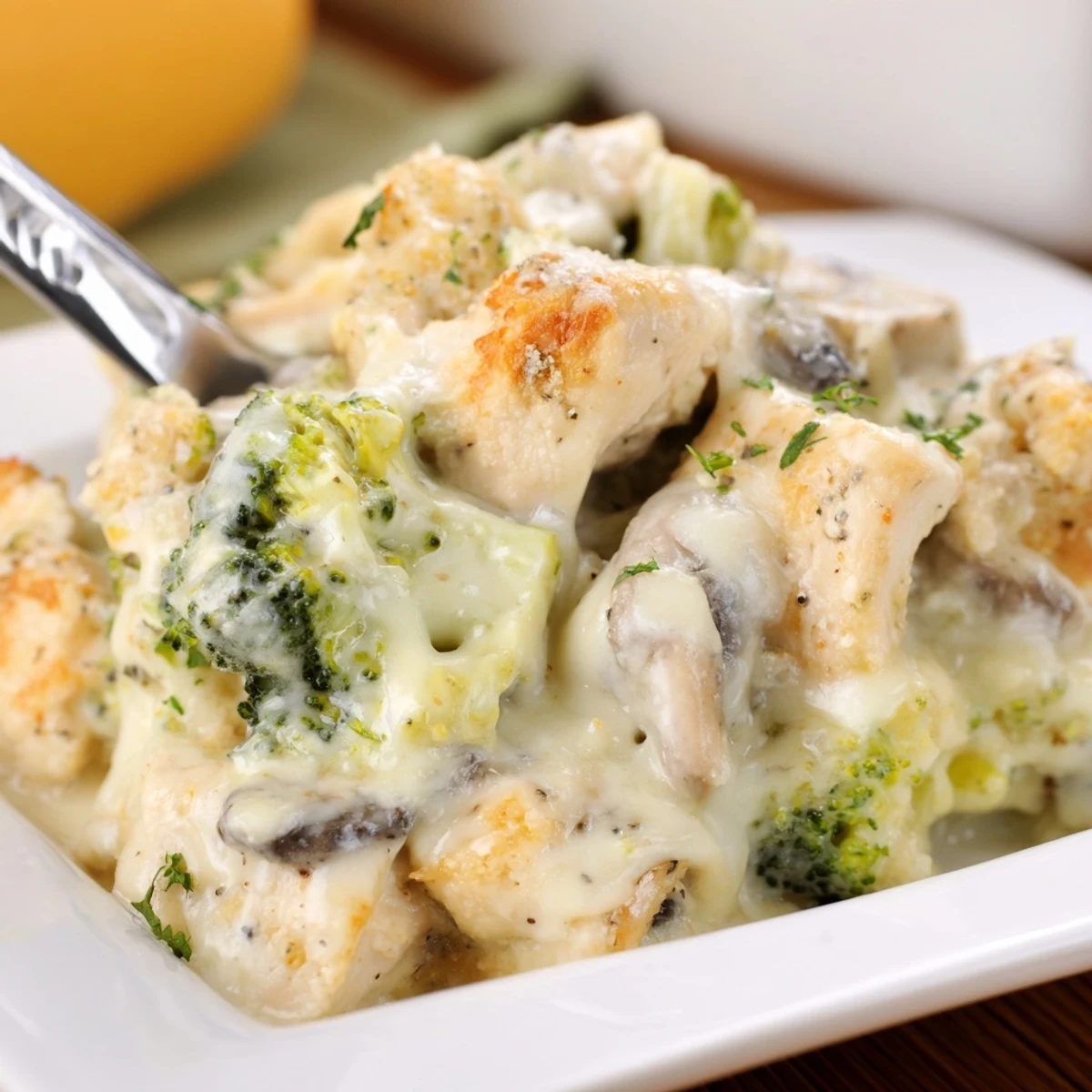 Spoonful of rich low carb chicken casserole showing shredded cheese and chunks of seasoned chicken