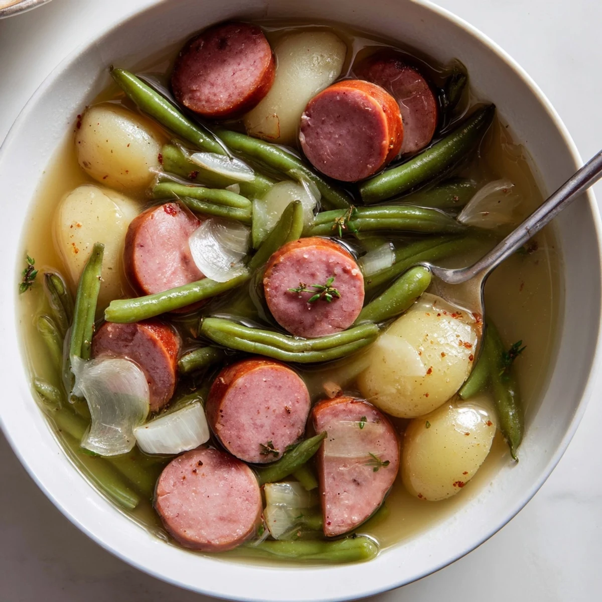Hearty Crockpot Kielbasa and Green Beans featuring smoky sausage slices and crisp vegetables
