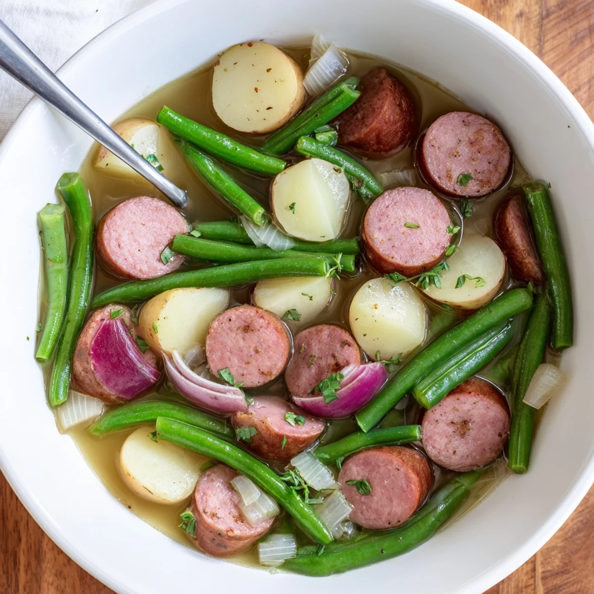 Slow cooker Crockpot Kielbasa and Green Beans with tender potatoes in savory broth
