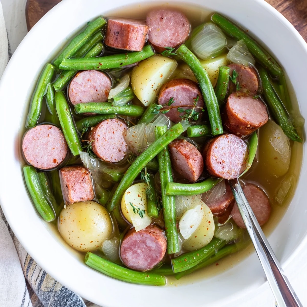 Serving of Crockpot Kielbasa and Green Beans plated with baby potatoes and aromatic seasonings