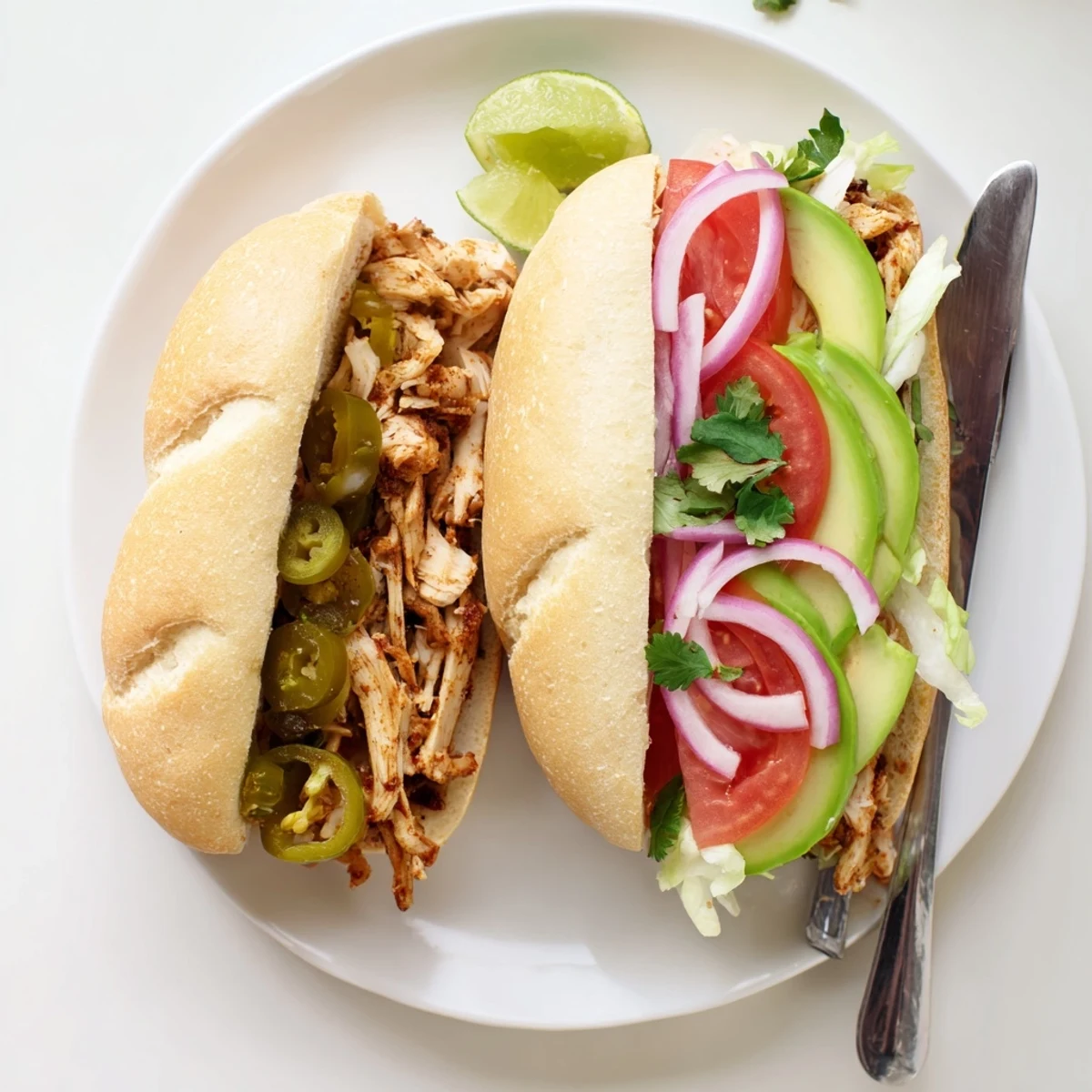 Hearty Mexican chicken torta sandwich featuring marinated grilled chicken with creamy avocado and zesty toppings