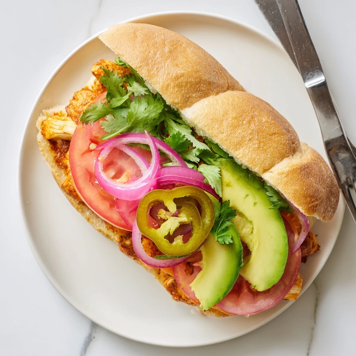 Savory chicken torta sandwich layered with ripe avocado, crisp lettuce, and pickled jalapeños on toasted bread