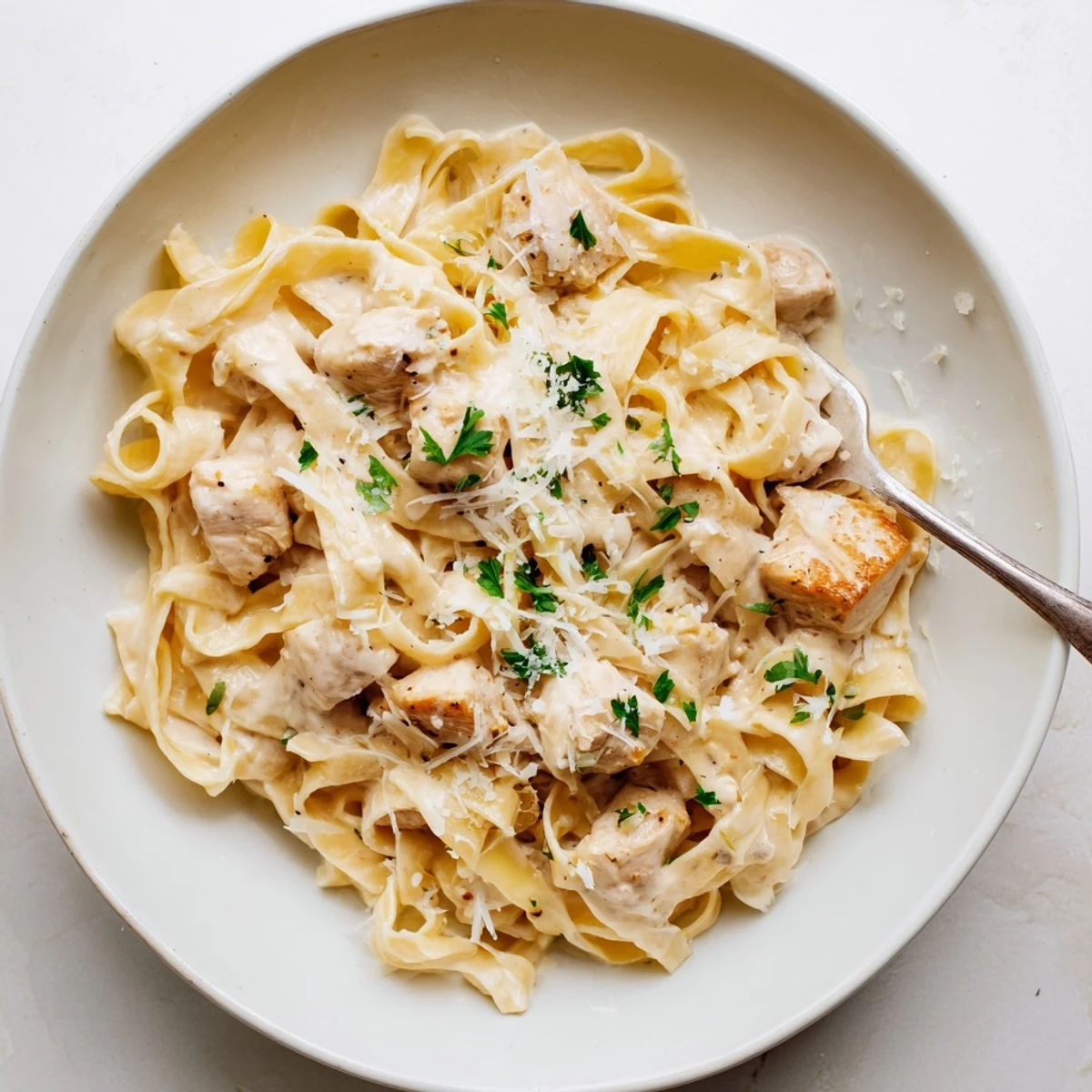 Creamy Instant Pot Chicken Alfredo with tender chicken pieces and fettuccine coated in rich parmesan garlic sauce