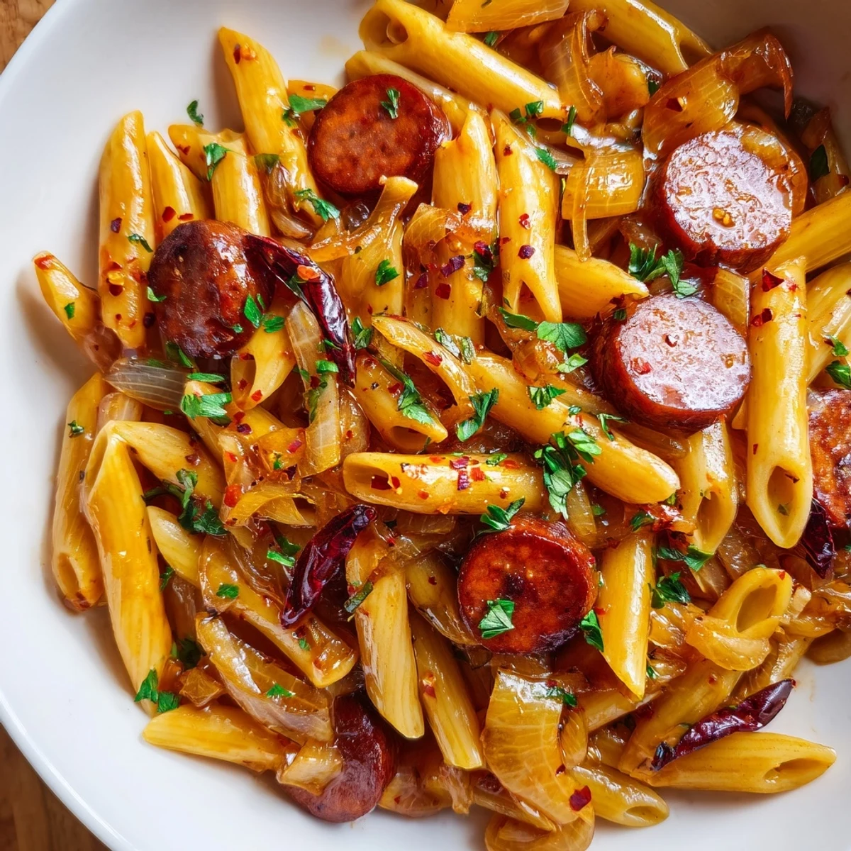 Golden sticky honey garlic sausage pasta skillet with caramelized meat and glossy coated penne noodles