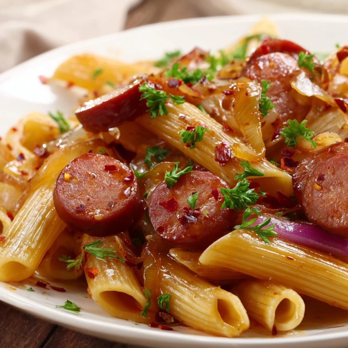 Savory sausage pasta dish simmered in sweet honey garlic sauce with fresh parsley garnish
