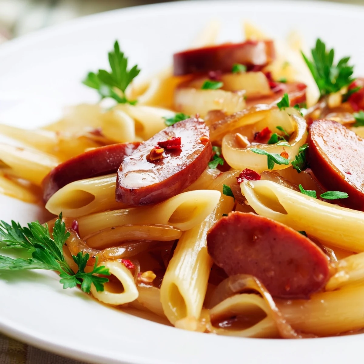 One-pan honey garlic sausage pasta featuring tender penne in thick rich glaze with sliced smoked meat