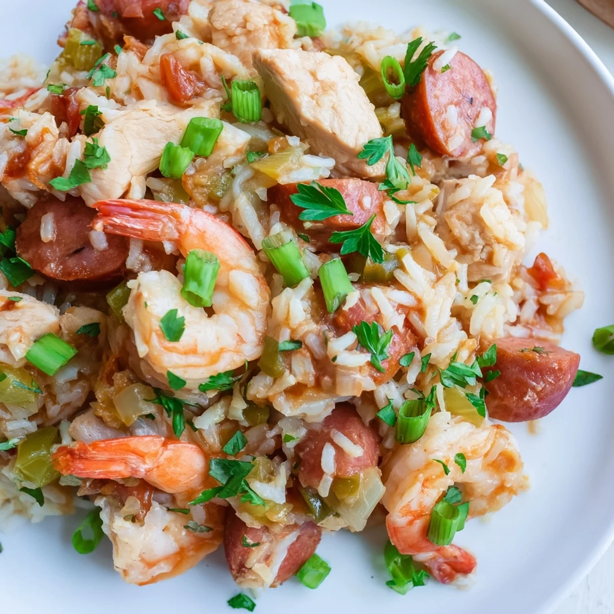Slow cooker Crock Pot Jambalaya featuring tender chicken, sausage, and shrimp in rich, spicy Creole sauce