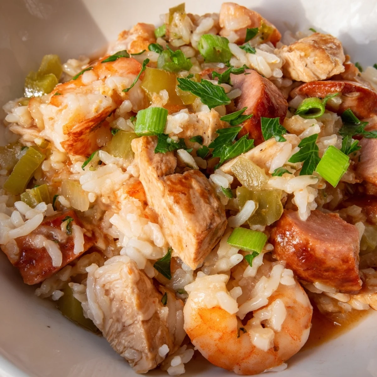 Colorful Crock Pot Jambalaya with bell peppers, celery, and savory meats simmered to spicy southern perfection