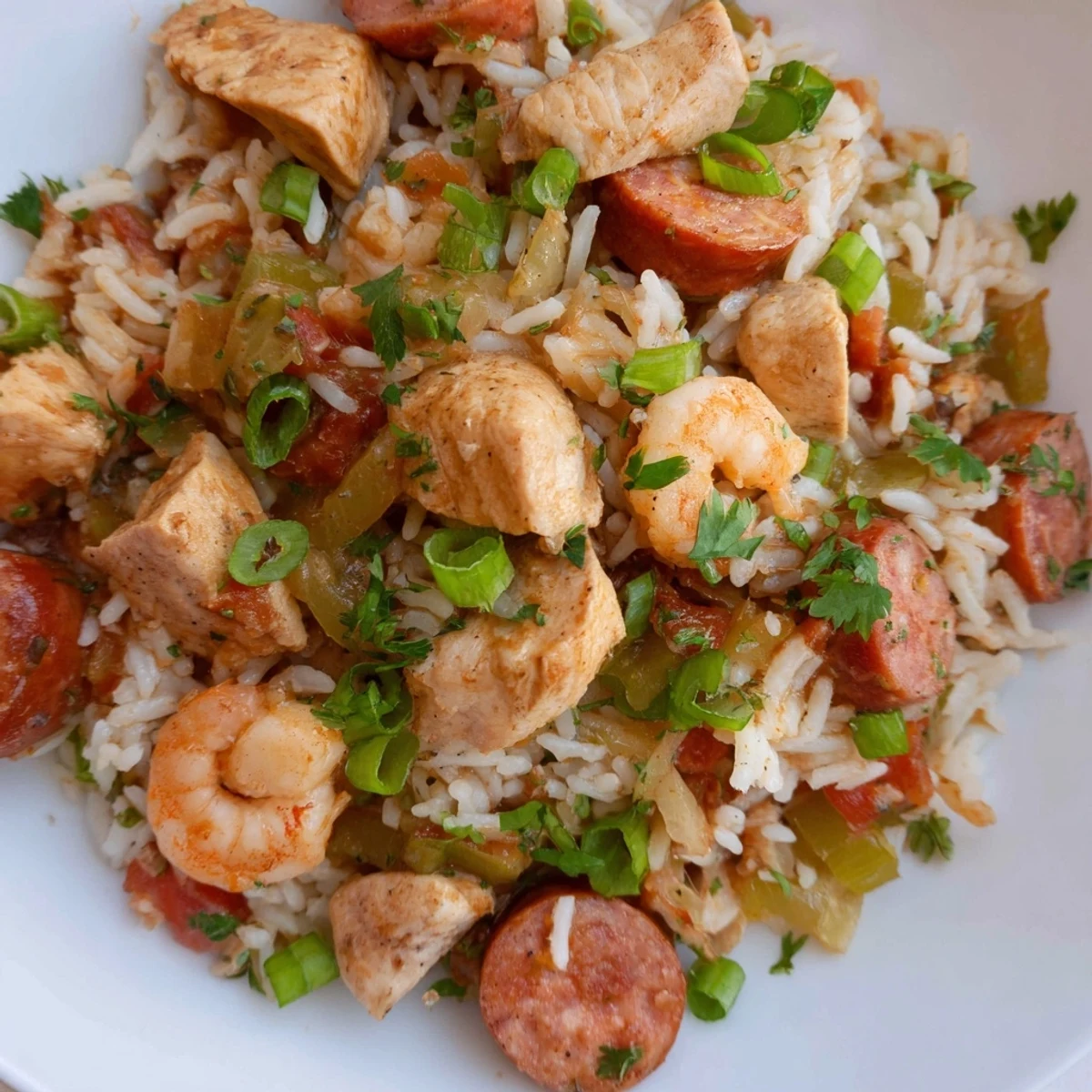 Hearty Crock Pot Jambalaya bowl loaded with smoky Andouille, plump shrimp, and fluffy rice in tomato broth