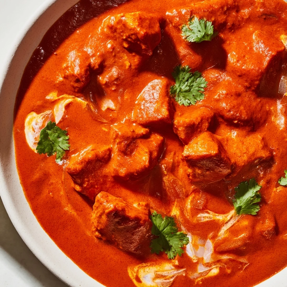 Tender chicken pieces simmered in rich tomato sauce finished with heavy cream and melted butter