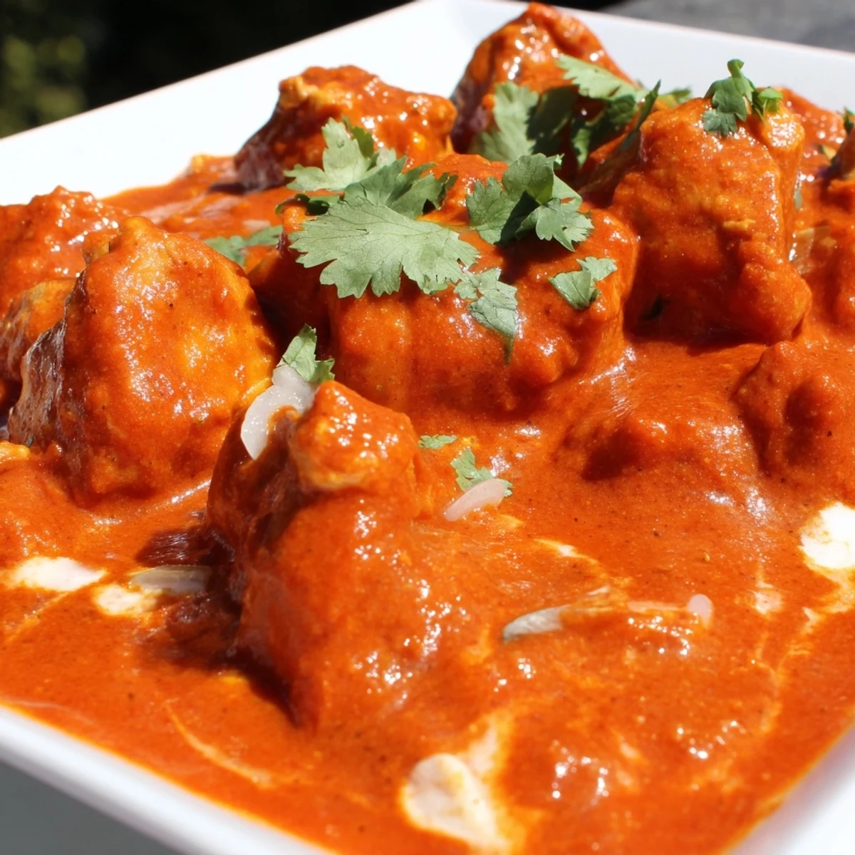 Golden brown butter chicken in a silky spiced gravy plated alongside warm naan bread