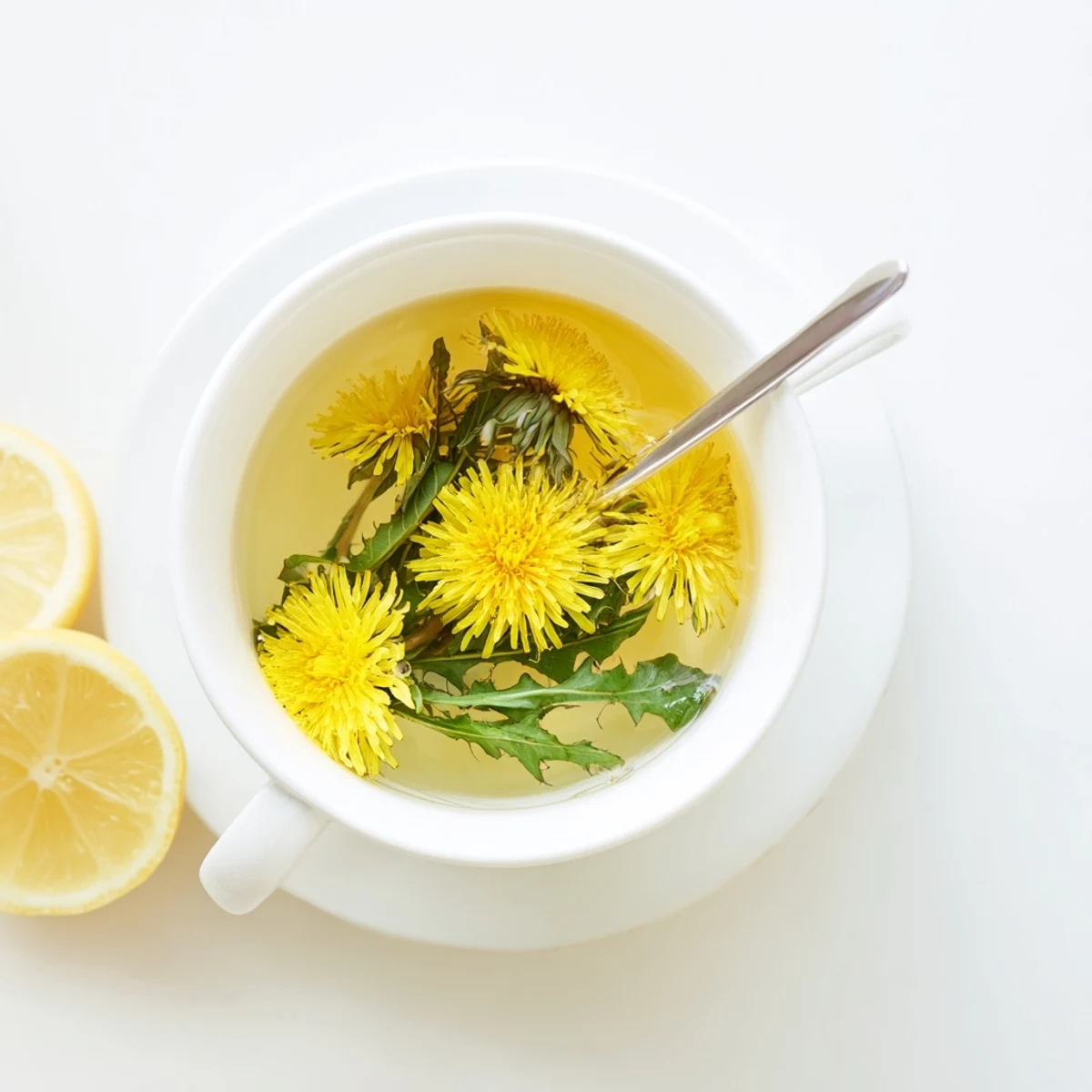 Clear glass mug displaying warm amber dandelion tea infusion garnished with lemon slice on wooden board