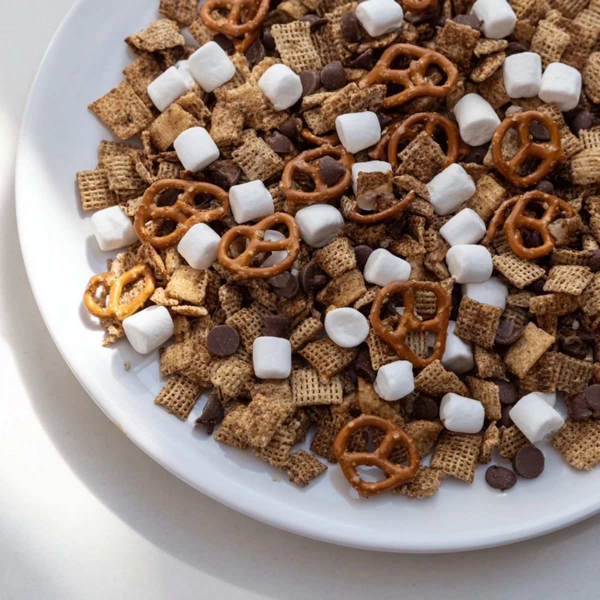 Colorful bowl of s'mores snack mix loaded with chocolate chips and mini marshmallows
