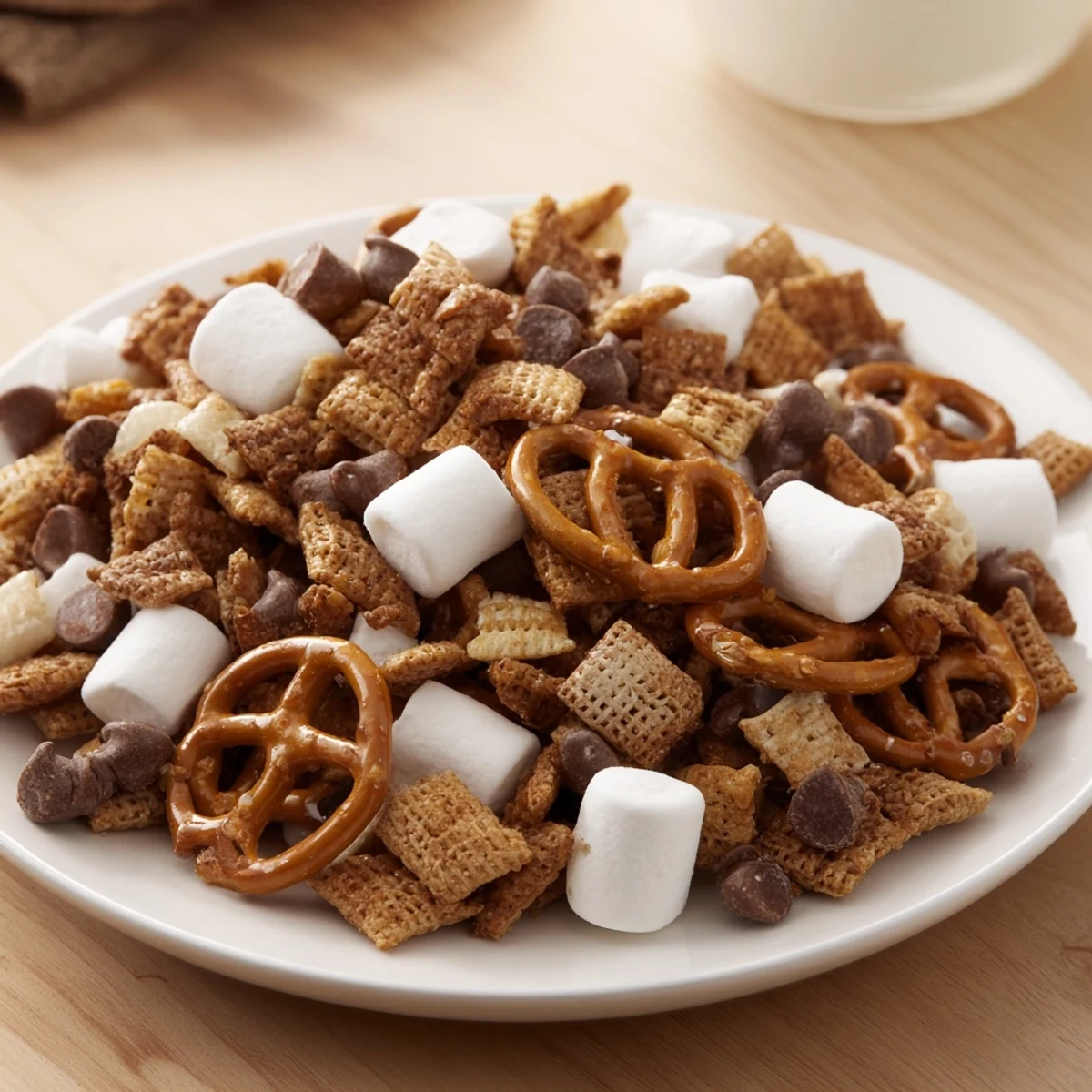 Crunchy s'mores snack mix featuring graham cereal, pretzels, and melty milk chocolate pieces
