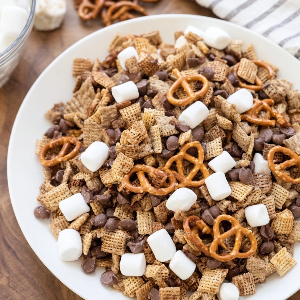 Sweet and salty s'mores snack mix recipe with marshmallows and chocolate in glass bowl