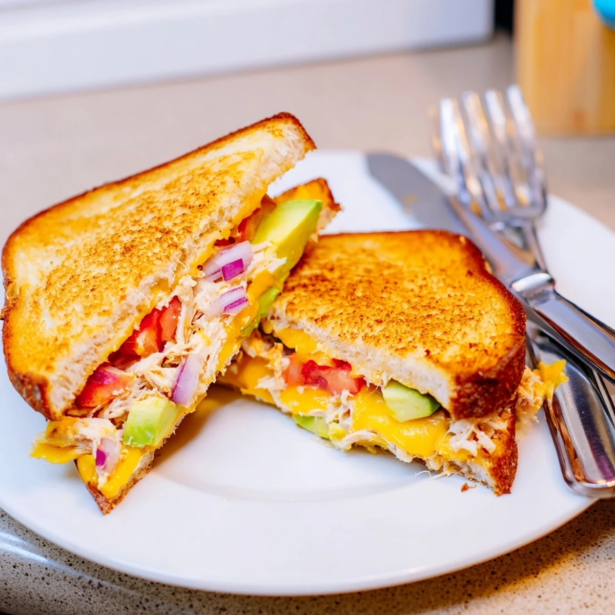 Golden brown chicken avocado melt sandwich with gooey melted cheese on toasted sourdough bread