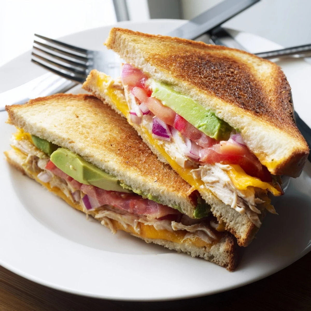 Sliced open chicken avocado melt revealing layers of tender chicken creamy avocado and melted cheddar