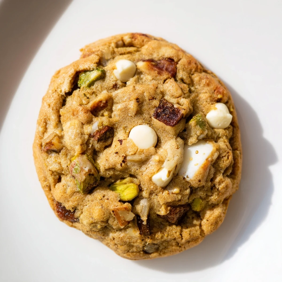 Golden Dubai chewy cookie with chopped pistachios and sweet dates, edges slightly crisp